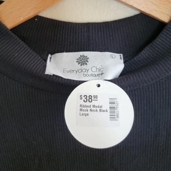 NWT Everyday Chic Boutique Black Ribbed Modal Mock Neck Short Sleeve Top Large - Picture 3 of 4